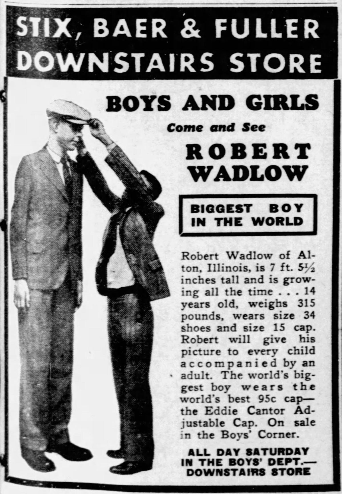 Wadlow in newspaper advertisement